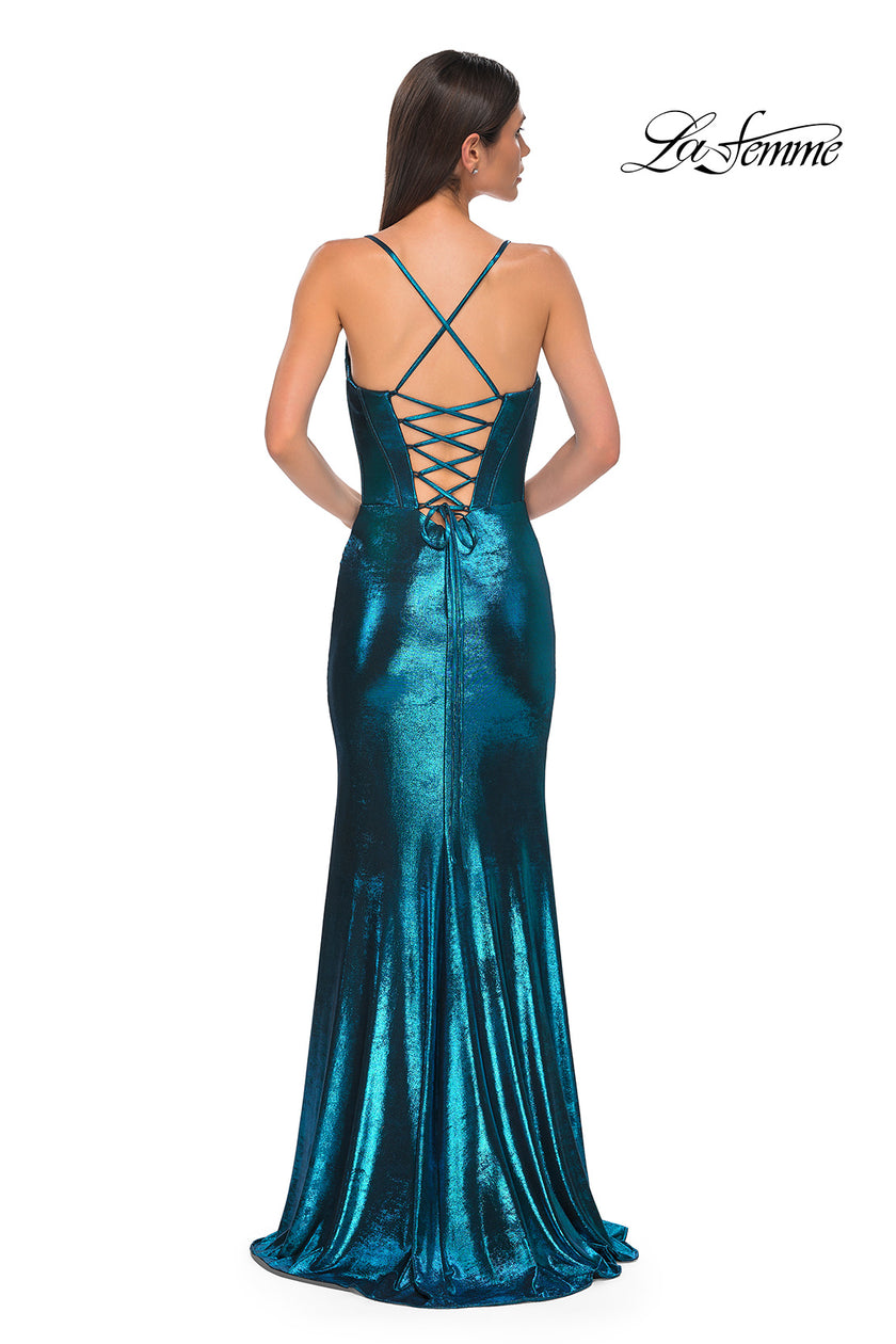 Picture of: Fitted Metallic Jersey Prom Dress with Corset Style Top in Dark Teal, Style 32877, Detail Picture 10