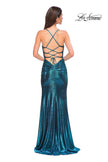 Picture of: Ruched Metallic Jersey Dress with Open Lace Up Back in Dark Teal, Style 32945, Detail Picture 10