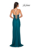 Picture of: Lace and Ruched Jersey Prom Dress with Deep V Neckline in Dark Teal, Style 33001, Detail Picture 10