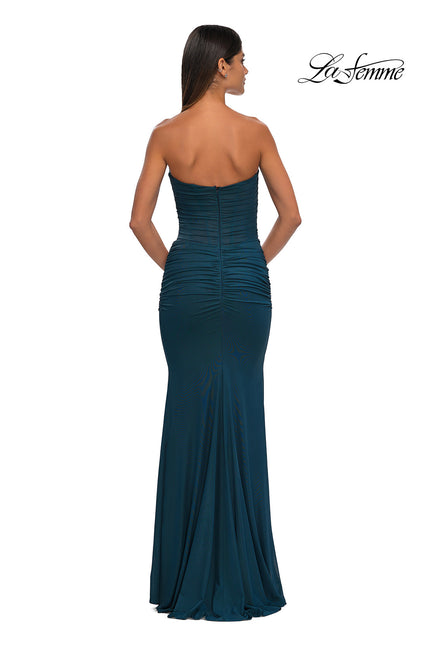 Picture of: Chic Metallic Net Jersey Dress with Flattering Ruching and Sweetheart Top in Dark Teal, Style: 33007, Detail Picture 10