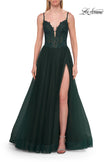 Picture of: Rhinestone Lace A-Line Gown with Sheer Bodice and Slit in Dark Teal, Style: 33674, Detail Picture 10