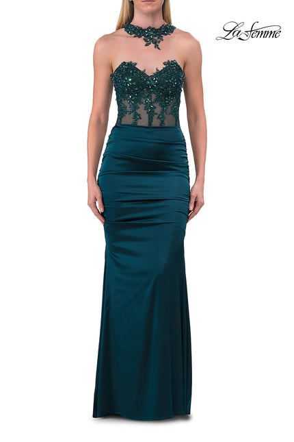 Picture of: Beaded High Neck Lace-Up Jersey Gown in Dark Teal, Style: 33696, Detail Picture 10