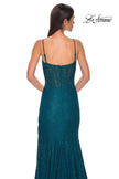 Picture of: Stretch Satin Prom Dress with Eyelet Detail Neckline in Dark Teal, Style 32671, Detail Picture 11