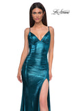 Picture of: Brushed Metallic Jersey Simple Prom Dress with Ruching in Dark Teal, Style 32812, Detail Picture 11
