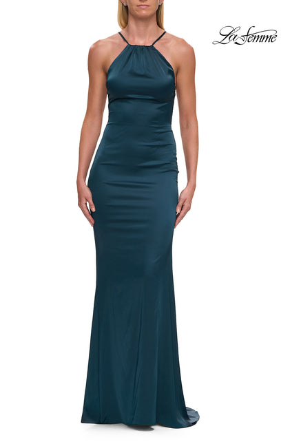 Picture of: Halter Satin Fitted Gown with Open Back in Dark Teal, Style: 33732, Detail Picture 11
