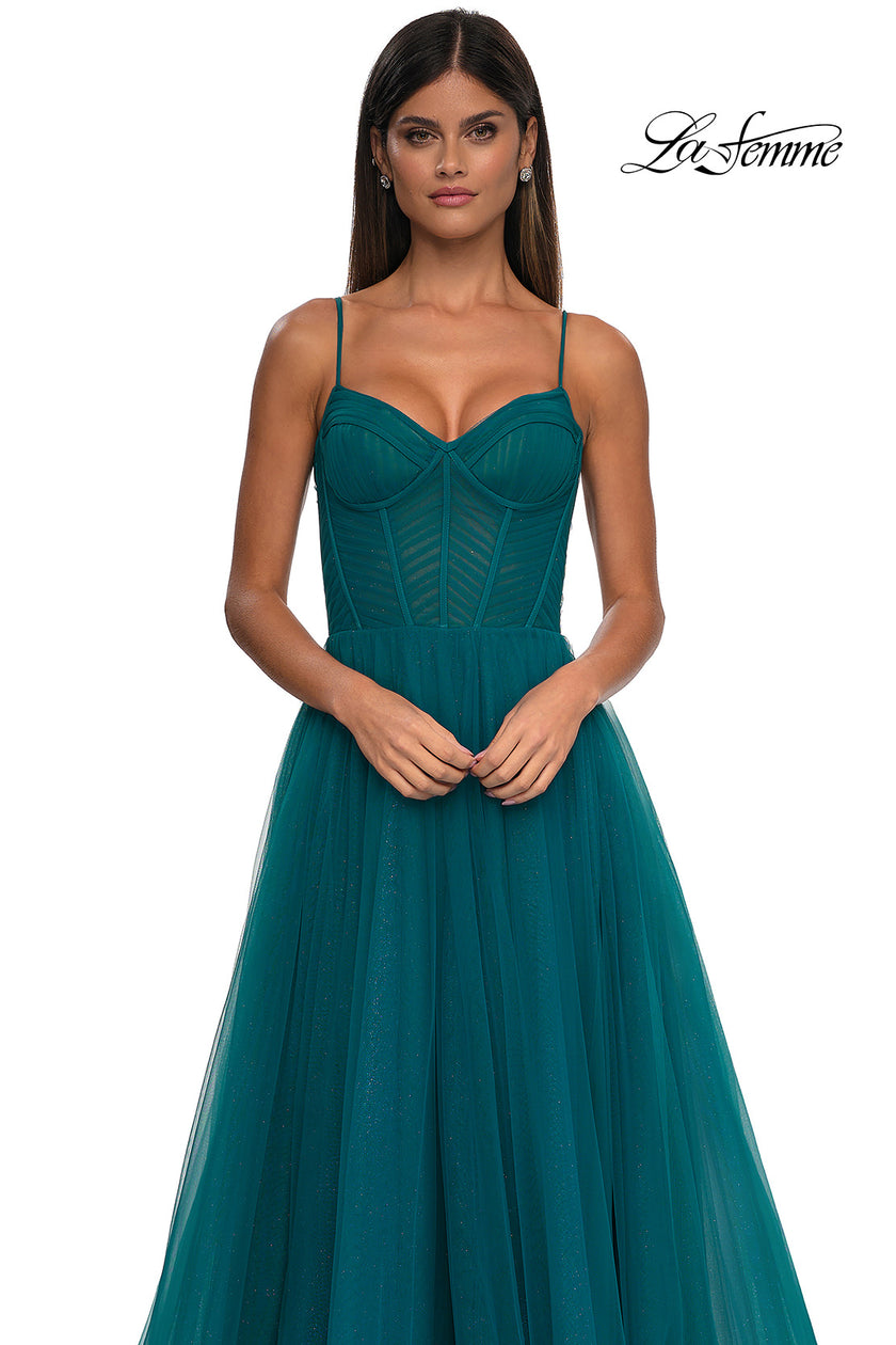 Picture of: Prom Dress with Sparkle Tulle and Ruched Corset Top in Dark Teal, Style: 32680, Detail Picture 12