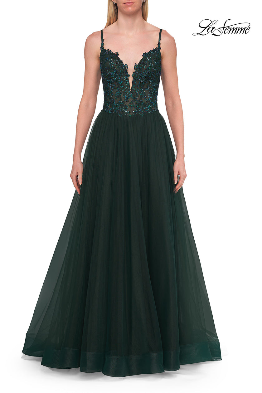 Picture of: Rhinestone Lace A-Line Gown with Sheer Bodice and Slit in Dark Teal, Style: 33674, Detail Picture 12