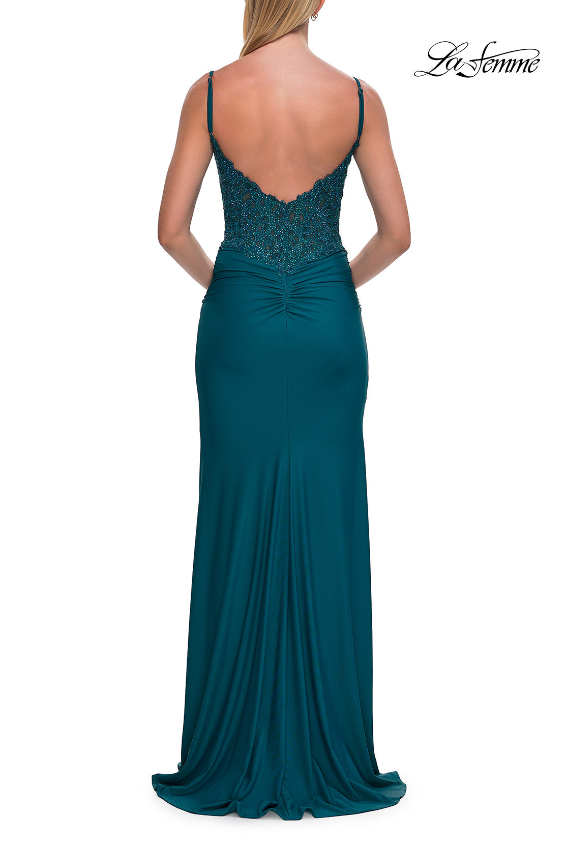 Picture of: Rhinestone Lace Bodice Jersey Gown with Slit and Low Back in Dark Teal, Style: 33439, Detail Picture 13