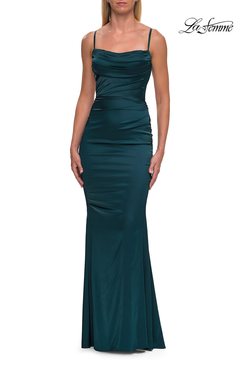 Picture of: Straight Neck Satin Gown with Lace-Up Back in Dark Teal, Style: 33604, Detail Picture 13