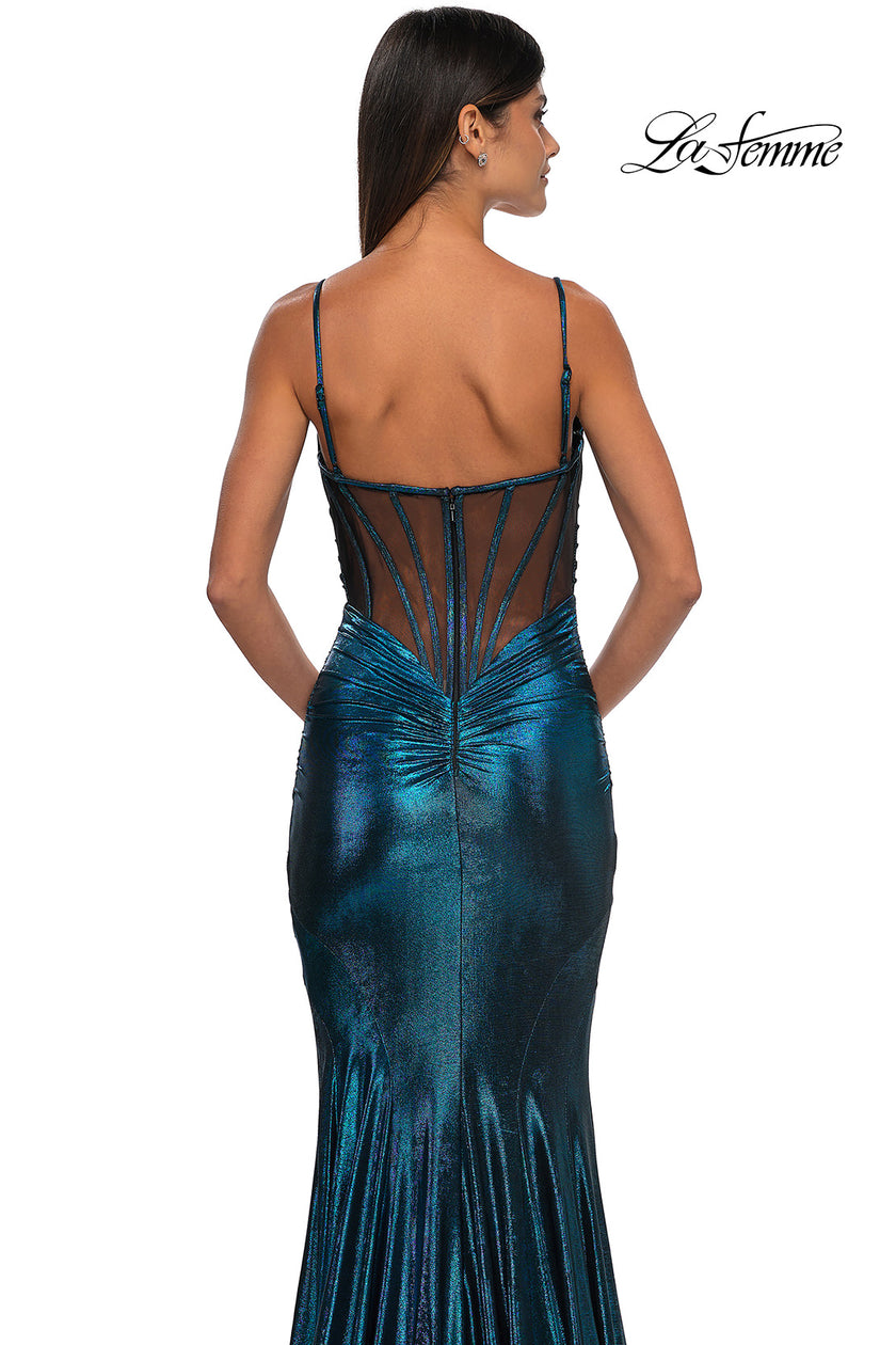 Picture of: Mermaid Metallic Jersey Dress with Draped Neckline in Dark Teal, Style: 32897, Detail Picture 14