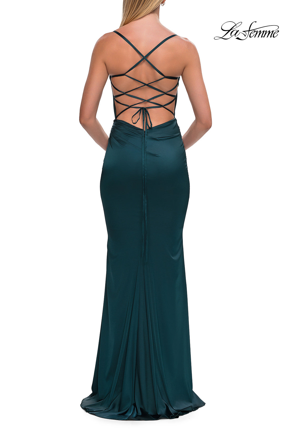 Picture of: Straight Neck Satin Gown with Lace-Up Back in Dark Teal, Style: 33604, Detail Picture 14