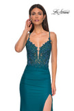 Picture of: Lace and Ruched Jersey Prom Dress with Deep V Neckline in Dark Teal, Style 33001, Detail Picture 15