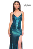Picture of: Ruched Metallic Jersey Dress with Open Lace Up Back in Dark Teal, Style 32945, Detail Picture 17