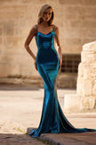 Picture of: Metallic Jersey Dress with Low Back and Ruching in Dark Teal, Style 32932, Back Picture