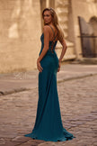 Picture of: Lace and Ruched Jersey Prom Dress with Deep V Neckline in Dark Teal, Style 33001, Back Picture