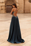 Picture of: A-Line Satin Gown with Embellished Straps and Open Back in Dark Teal, Style: 33796, Back Picture