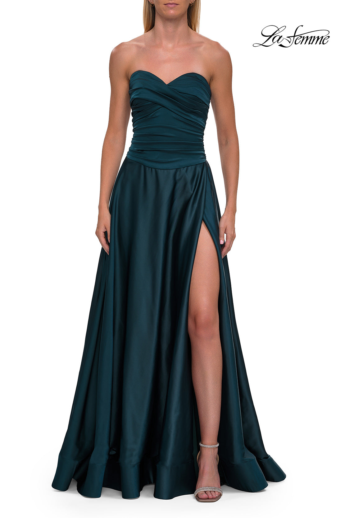 Picture of: Strapless Satin A-Line Gown with Draped Bodice and High Slit in Dark Teal, Style: 33417, Detail Picture 18