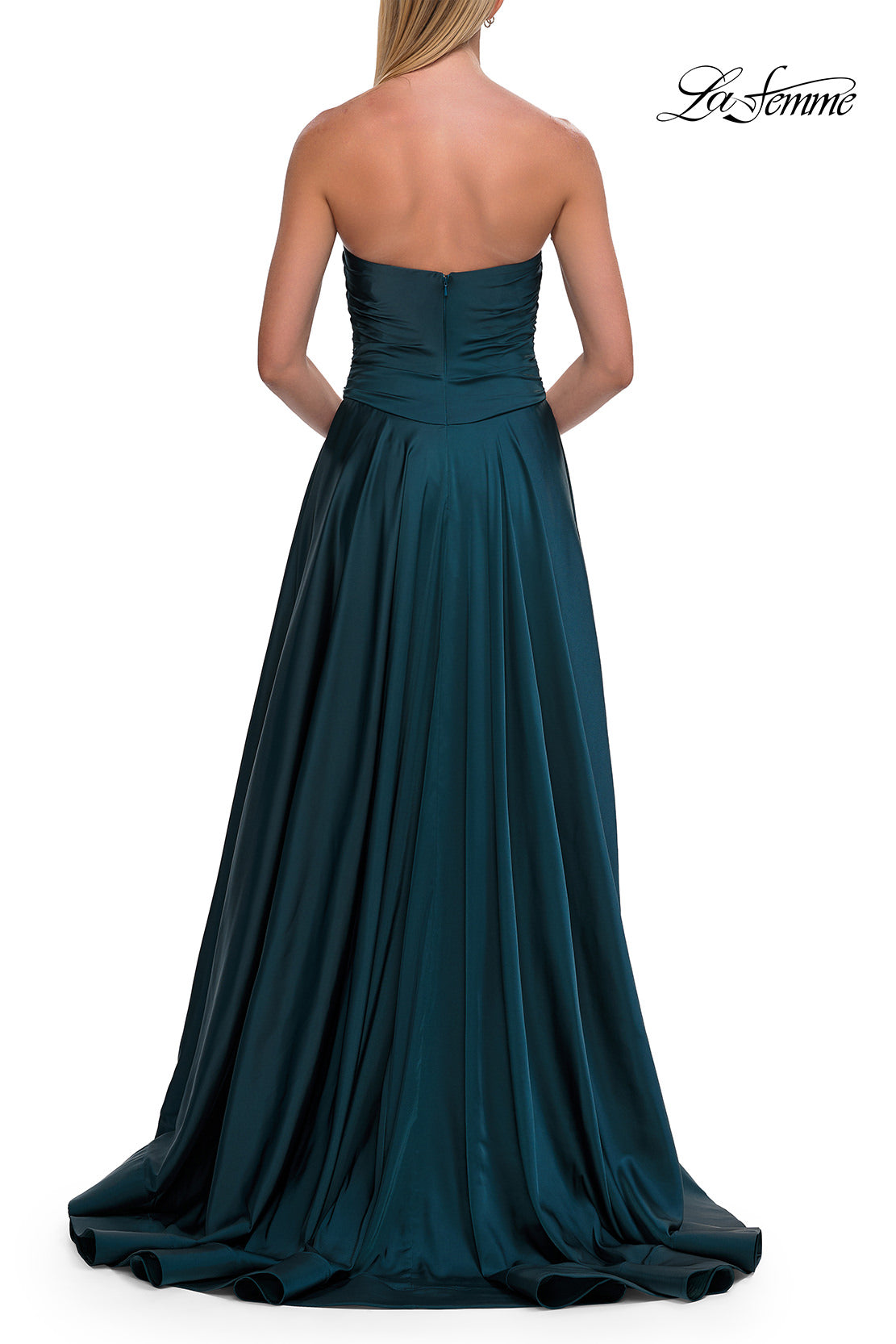 Picture of: Strapless Satin A-Line Gown with Draped Bodice and High Slit in Dark Teal, Style: 33417, Detail Picture 19