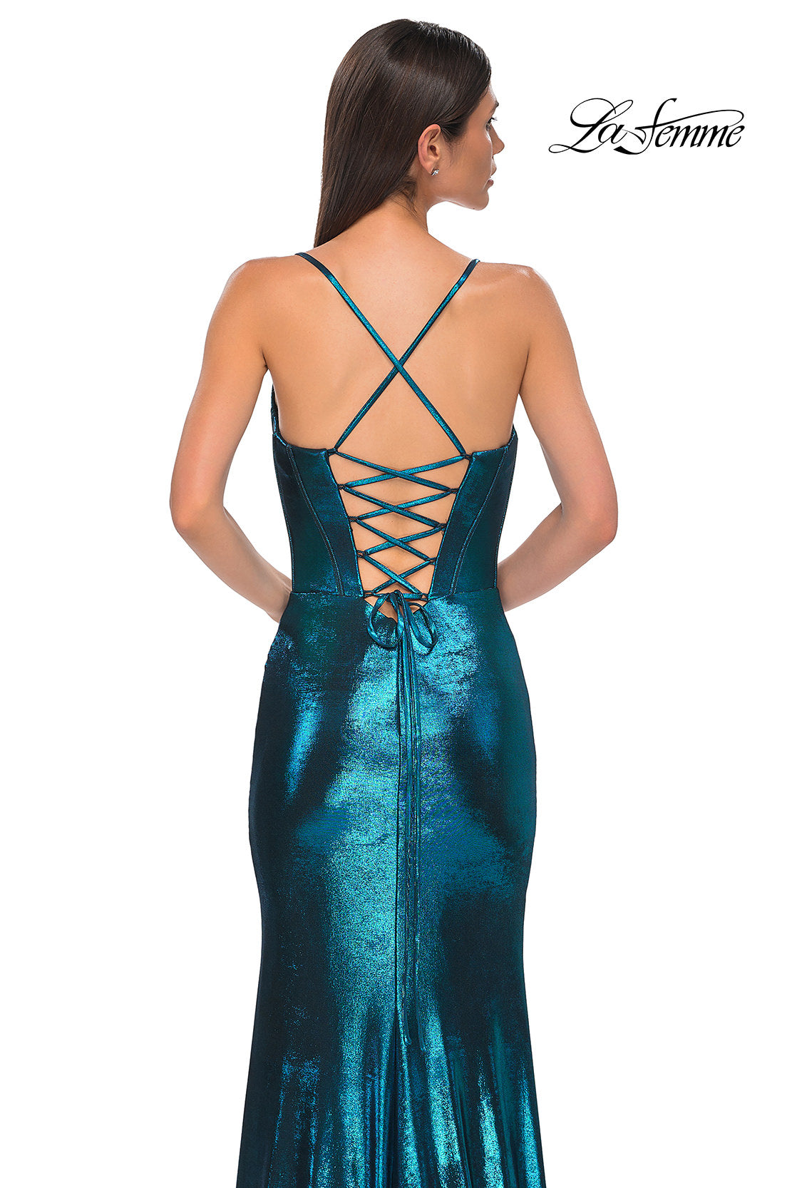 Picture of: Fitted Metallic Jersey Prom Dress with Corset Style Top in Dark Teal, Style 32877, Detail Picture 20