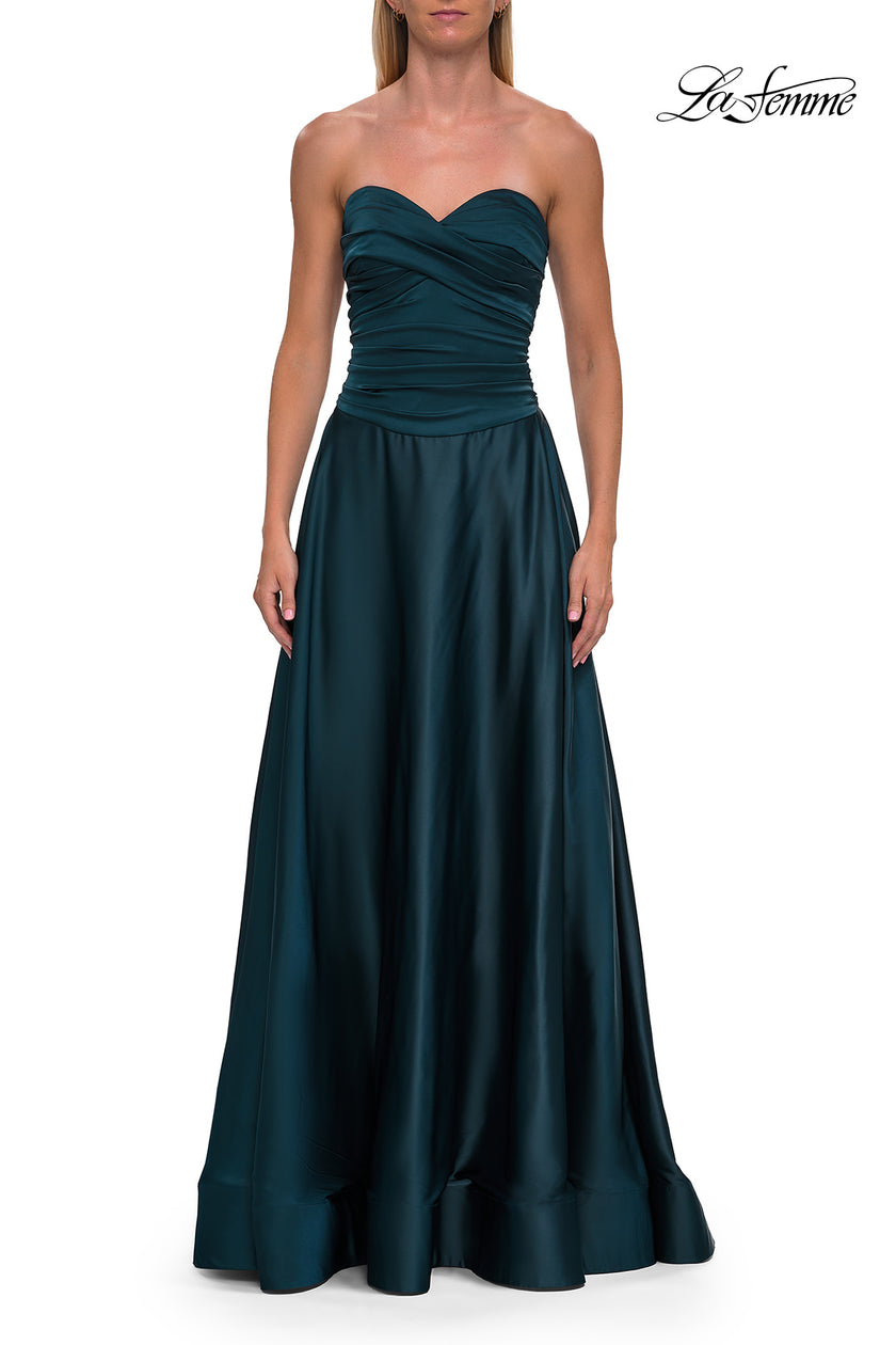 Picture of: Strapless Satin A-Line Gown with Draped Bodice and High Slit in Dark Teal, Style: 33417, Detail Picture 20