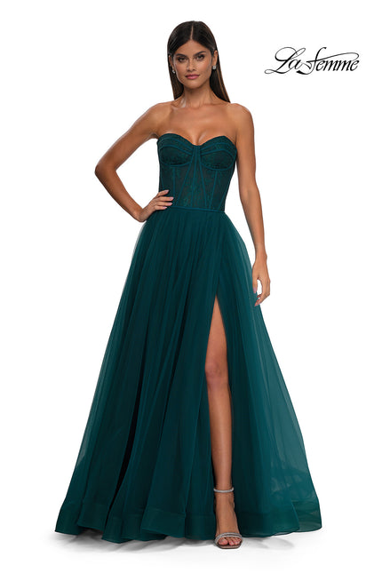 Picture of: A-line Tulle Gown with Lace Corset Bodice and Slit in Dark Teal, Style: 32579, Detail Picture 3