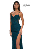 Picture of: Stretch Lace Prom Dress with Illusion Back and Sides in Dark Teal, Style: 32529, Detail Picture 4