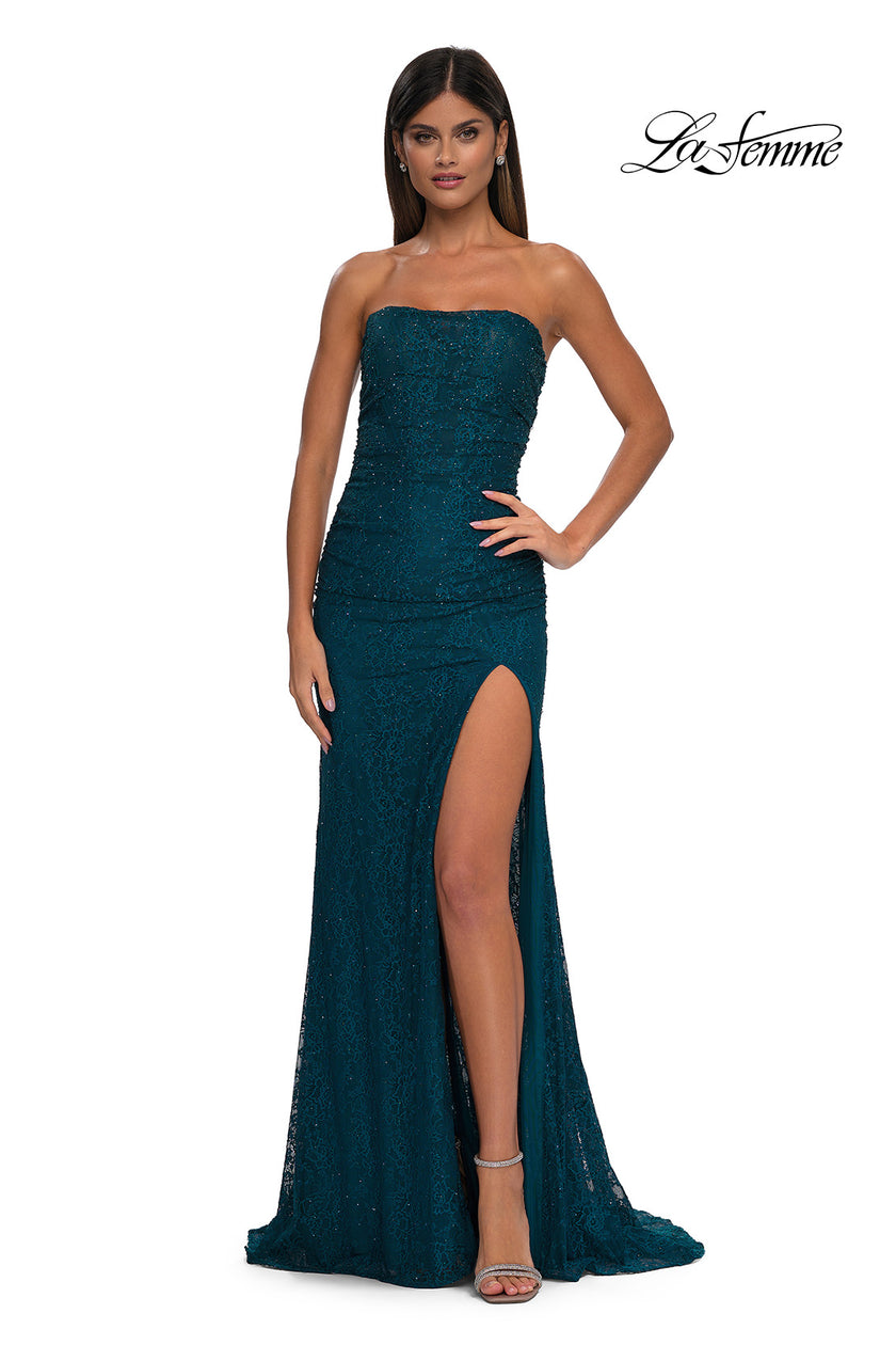 Picture of: Simple Long Stretch Lace Prom Dress with Ruching in Dark Teal, Style: 32773, Detail Picture 4