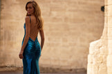 Picture of: Metallic Jersey Dress with Low Back and Ruching in Dark Teal, Style 32932, Detail Picture 4, Landscape