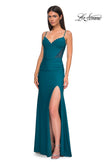 Picture of: Unique Jersey Prom Dress with Lace Panels and Scallop Neckline in Dark Teal, Style 32983, Detail Picture 4