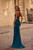Picture of: Lace and Ruched Jersey Prom Dress with Deep V Neckline in Dark Teal, Style 33001, Detail Picture 4