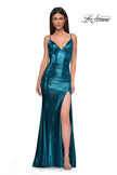 Picture of: Brushed Metallic Jersey Simple Prom Dress with Ruching in Dark Teal, Style 32812, Detail Picture 5