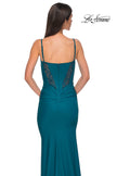 Picture of: Unique Jersey Prom Dress with Lace Panels and Scallop Neckline in Dark Teal, Style 32983, Detail Picture 5