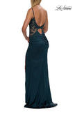 Picture of: Rhinestone Sheer Lace Bodice Prom Dress with High Slit in Dark Teal, Style: 33624, Detail Picture 5