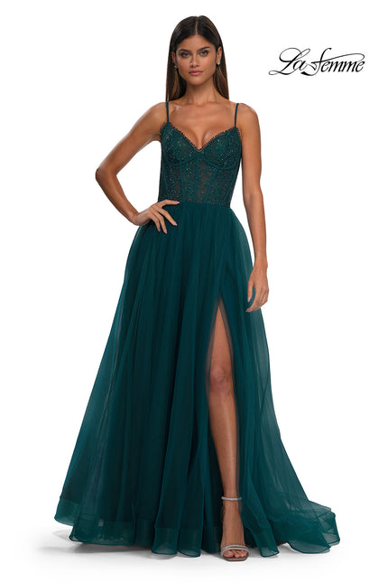 Picture of: Beautiful A-line Tulle Dress with Eyelet Neckline and Lace Top in Dark Teal, Style: 32594, Detail Picture 6