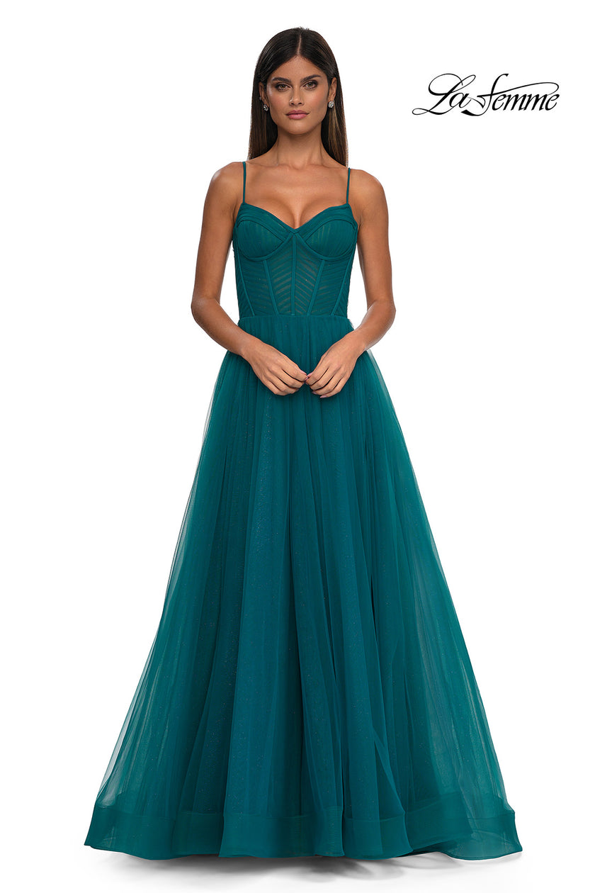 Picture of: Prom Dress with Sparkle Tulle and Ruched Corset Top in Dark Teal, Style: 32680, Detail Picture 6