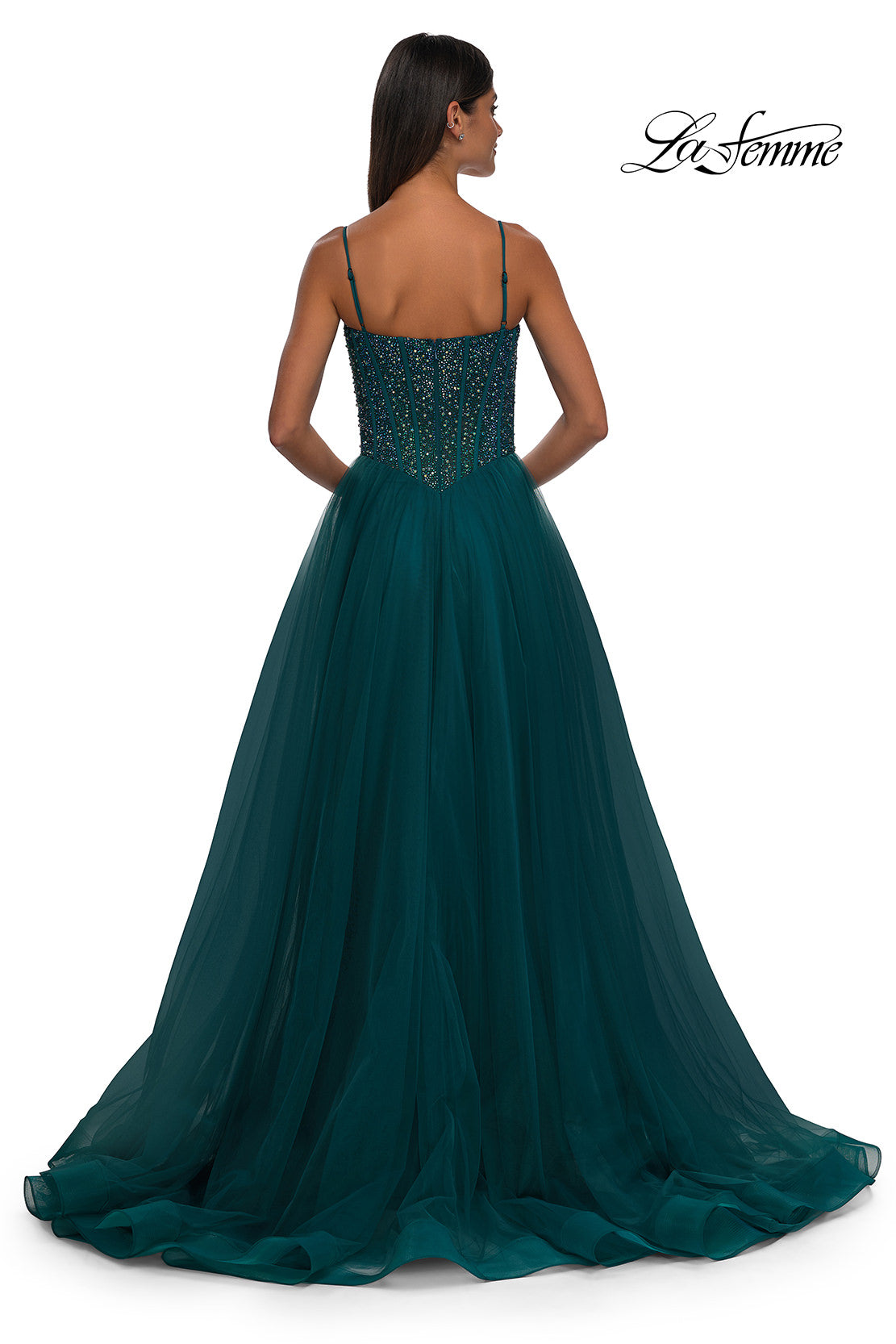 Picture of: Beautiful A-line Prom Dress with Rhinestone Encrusted Corset Top in Dark Teal, Style: 32754, Detail Picture 6