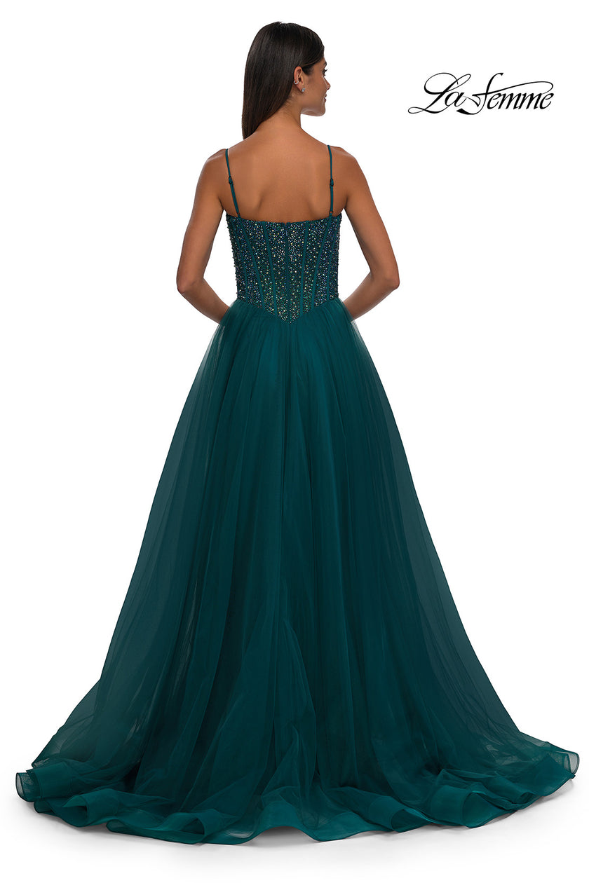 Picture of: Beautiful A-line Prom Dress with Rhinestone Encrusted Corset Top in Dark Teal, Style: 32754, Detail Picture 6