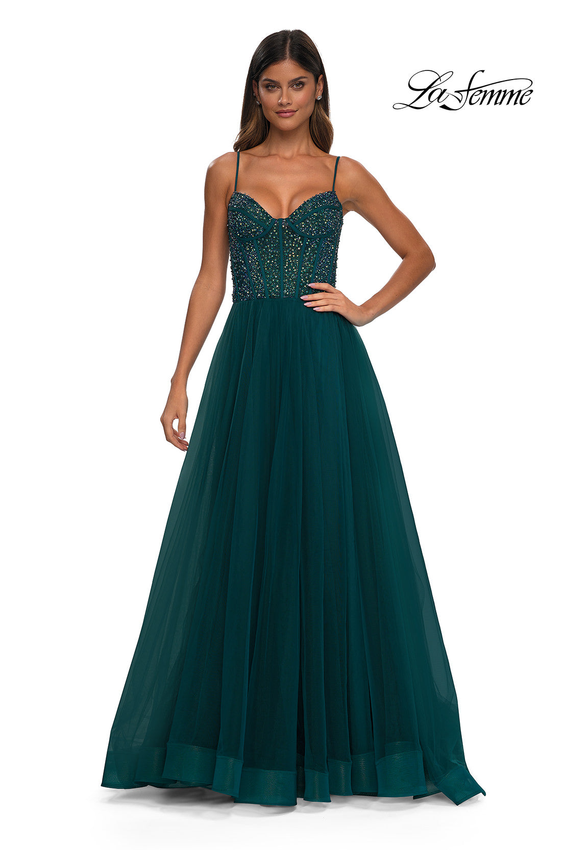 Picture of: Beautiful A-line Prom Dress with Rhinestone Encrusted Corset Top in Dark Teal, Style: 32754, Detail Picture 7