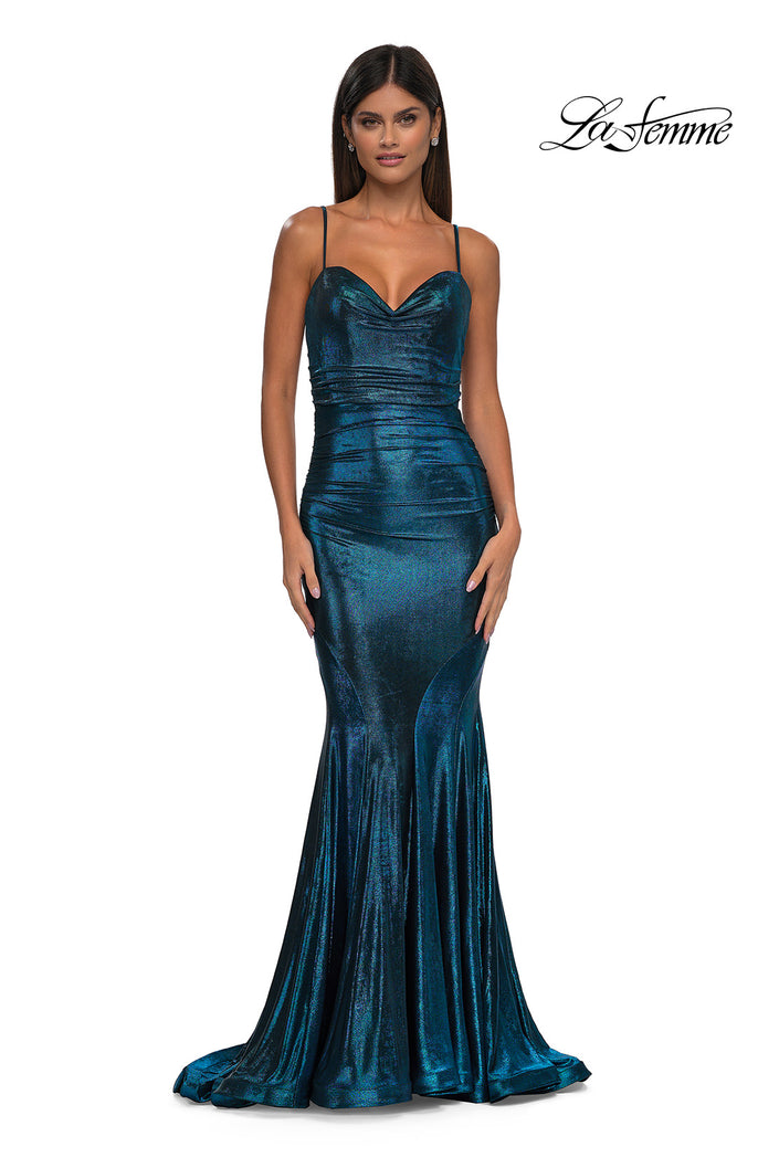 Picture of: Mermaid Metallic Jersey Dress with Draped Neckline in Dark Teal, Style: 32897, Detail Picture 7