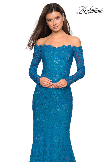 Picture of: Off the Shoulder Long Sleeve Lace Prom Gown in Dark Turquoise, Style: 26393, Detail Picture 1