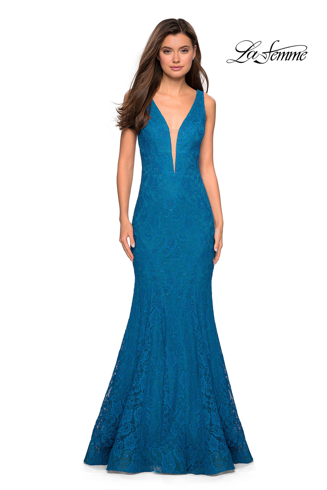 Picture of: Stretch Lace Prom Dress with Plunging Neckline in Dark Turquoise, Style: 27464, Detail Picture 5