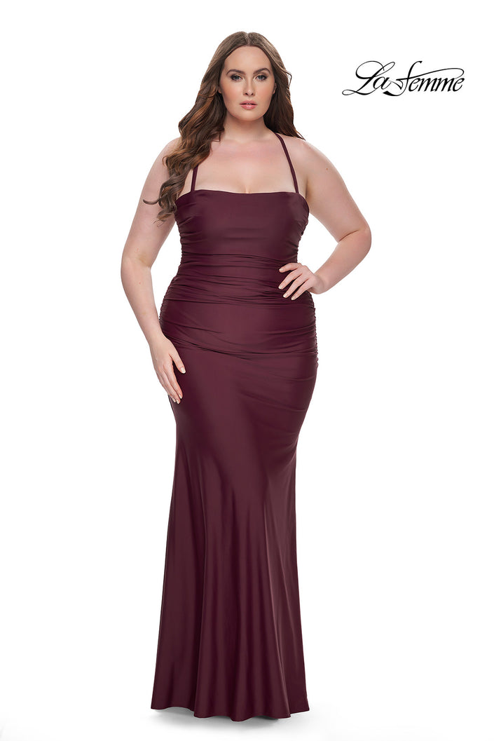 Picture of: Ruched Jersey Plus Dress with Lace Up Back in Dark Wine, Style: 32195, Detail Picture 1