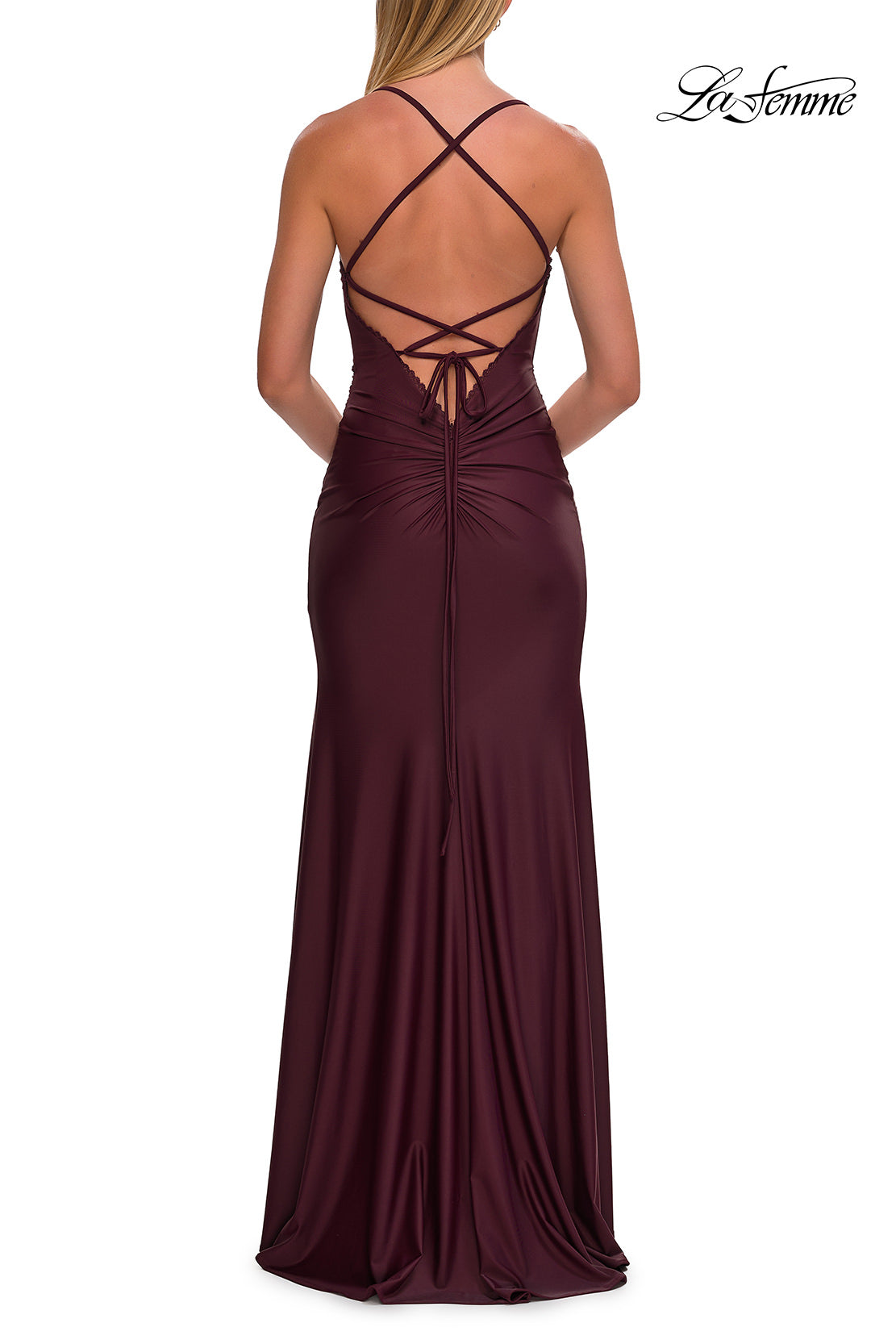 Picture of: Ruched Sweetheart Gown with Slit and Lace-Up Back in Dark Wine, Style: 33361, Detail Picture 17