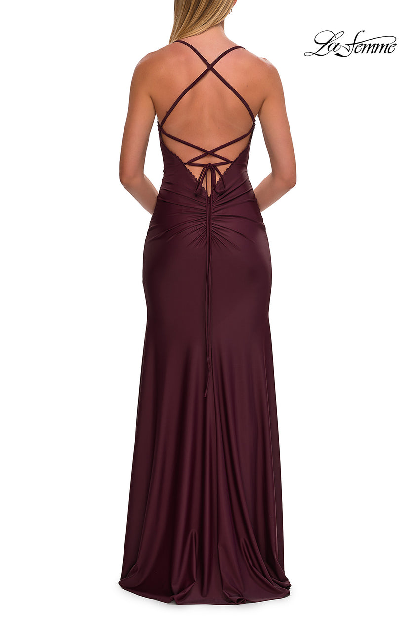 Picture of: Ruched Sweetheart Gown with Slit and Lace-Up Back in Dark Wine, Style: 33361, Detail Picture 17