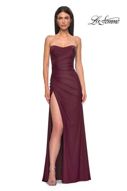 Picture of: Strapless Prom Dress with Side Ruching and Lace Up Back in Dark Wine, Style 33012, Detail Picture 2
