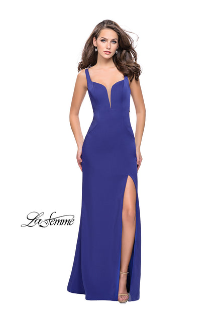 Picture of: Long Jersey Prom Dress with Metallic Beading and Slit in Dark Periwinkle, Style: 25623, Main Picture