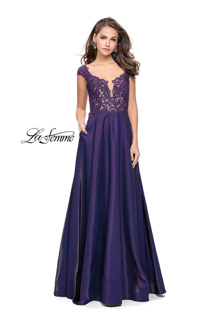 Picture of: A-Line Dress with Satin Skirt and Beaded Lace Bodice in Dark Periwinkle, Style: 25973, Detail Picture 1