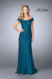 Picture of: Scalloped Off the Shoulder Lace Gown with Flare Skirt in Dark Teal, Style: 24928, Main Picture