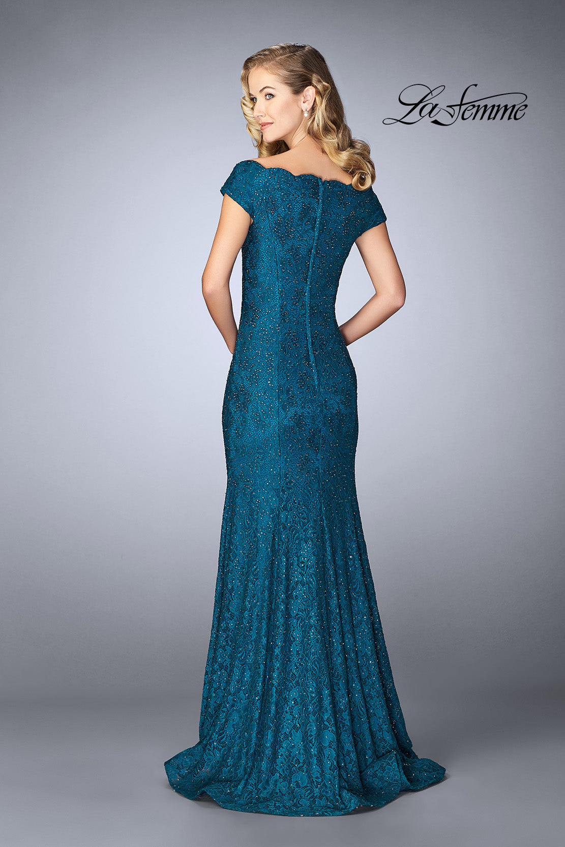 Picture of: Scalloped Off the Shoulder Lace Gown with Flare Skirt in Dark Teal, Style: 24928, Back Picture