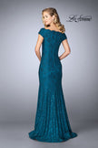 Picture of: Scalloped Off the Shoulder Lace Gown with Flare Skirt in Dark Teal, Style: 24928, Back Picture
